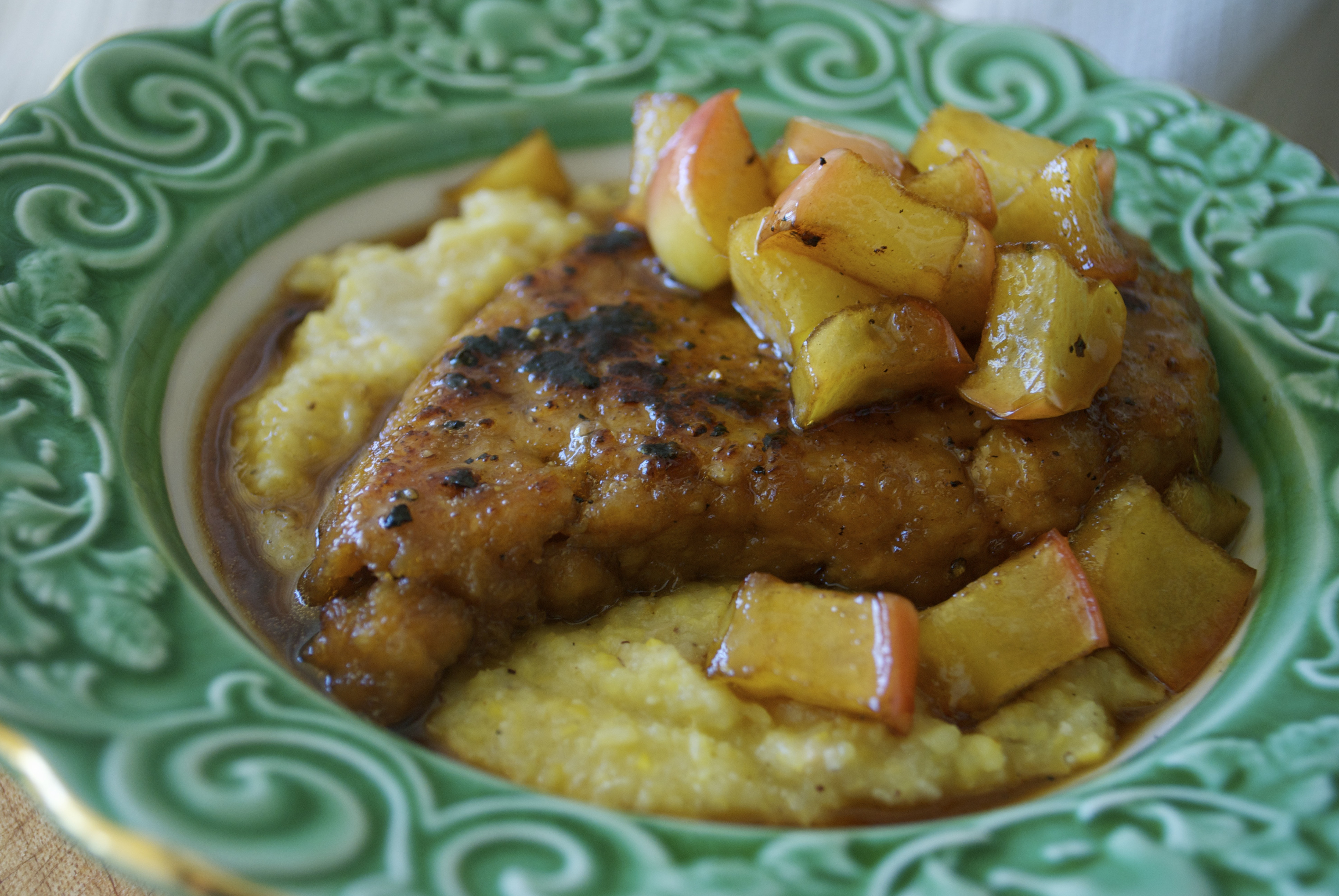 Sauteed Pork Chops
 Vegan Pork Chop w Apples Sautéed in Maple Reduction