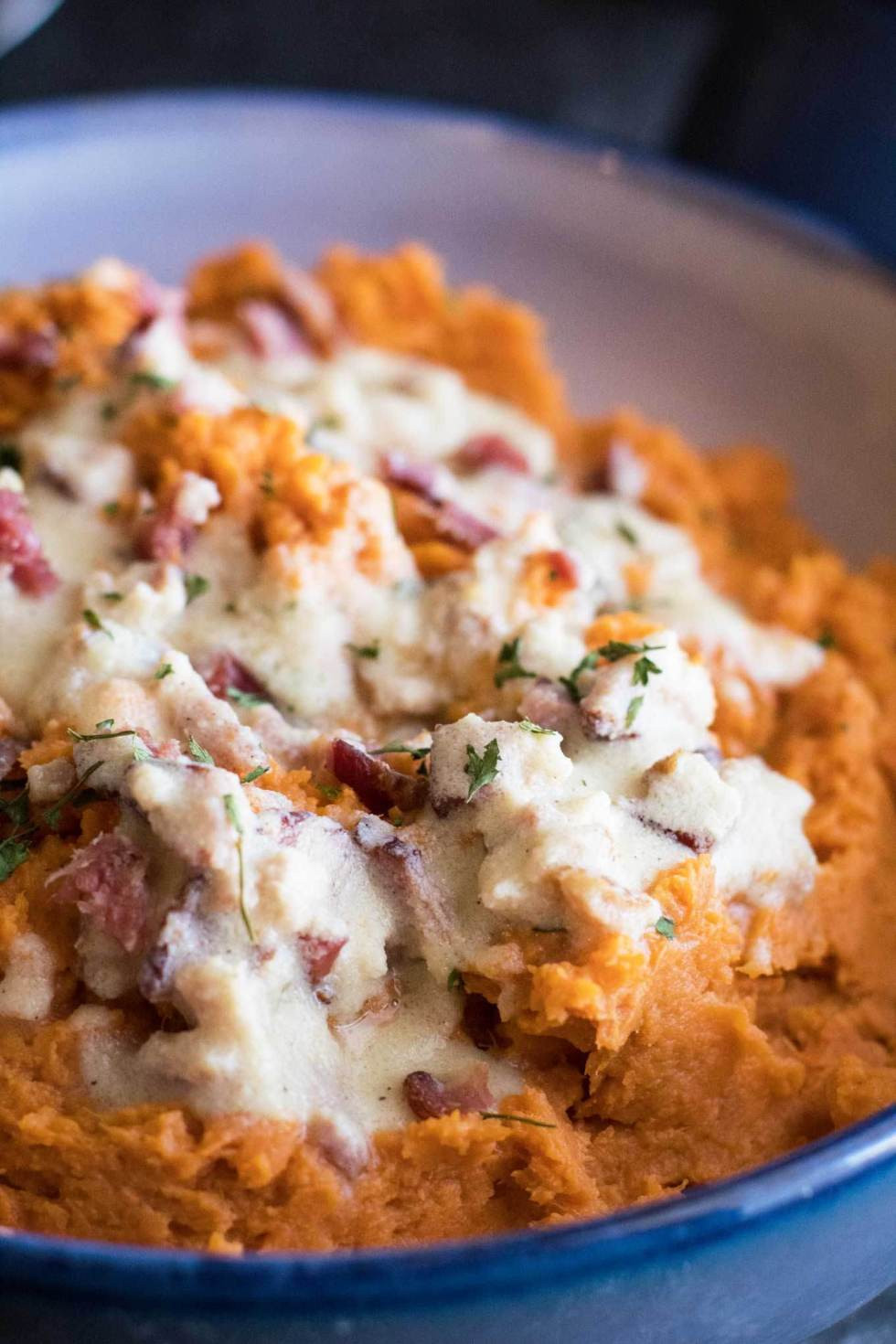 Savory Mashed Sweet Potatoes
 Savory Mashed Sweet Potatoes with Creamy Bacon Gravy