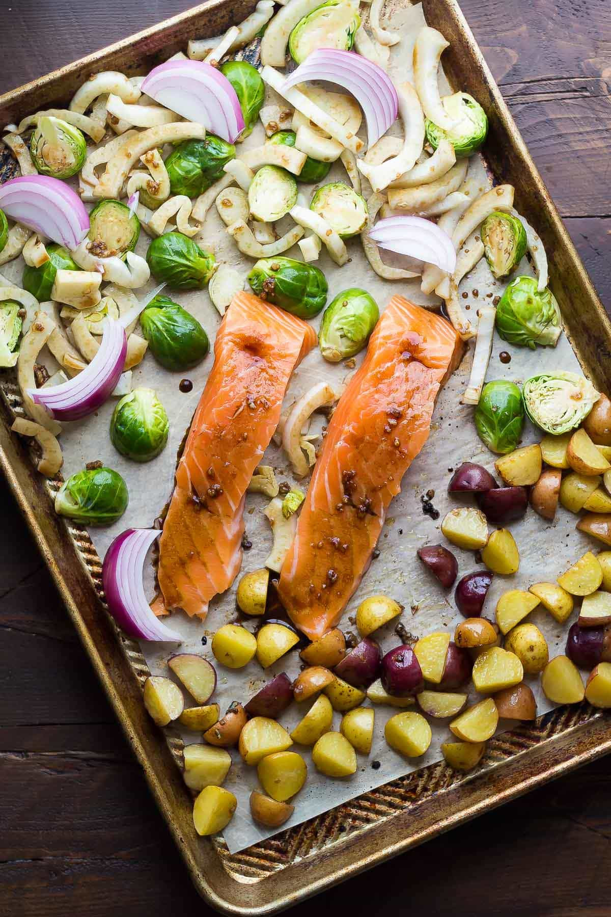 Sheet Pan Dinner
 Mediterranean Salmon Sheet Pan Dinner