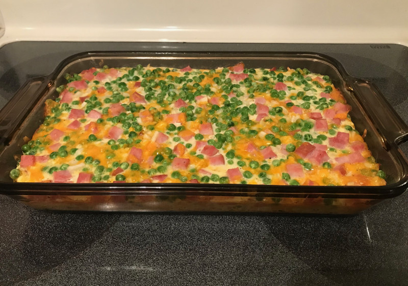 Shredded Potato Casserole
 Cheesy Shredded Potato Casserole with Ham and Peas