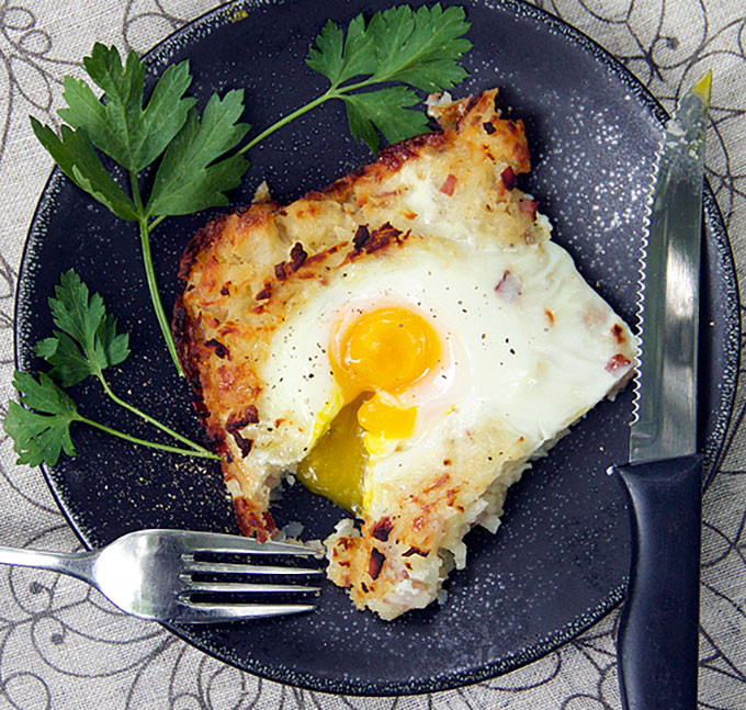 Shredded Potato Casserole
 Rosti Shredded Potato Casserole with Ham and Eggs