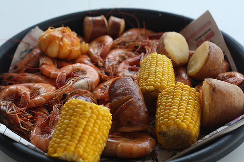 Shrimp Potatoes Corn Sausage Boil
 shrimp boil with sausage corn potato and garlic