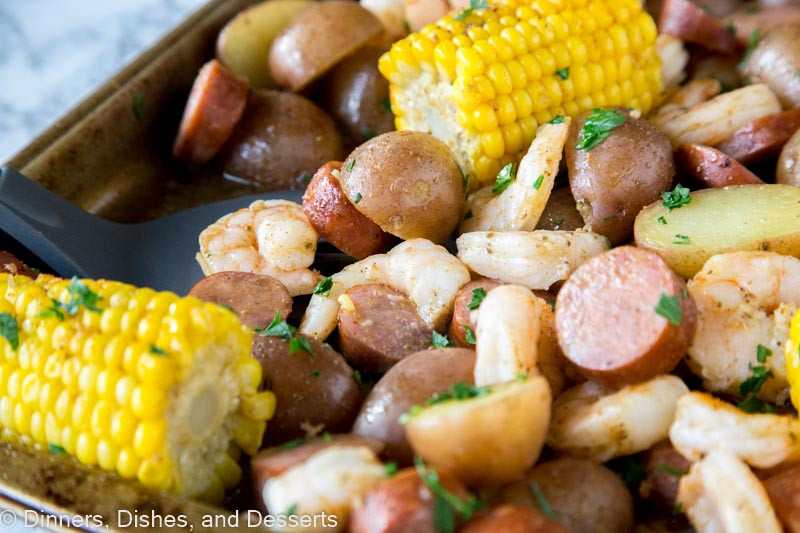 Shrimp Potatoes Corn Sausage Boil
 Sheet Pan Shrimp Boil Dinners Dishes and Desserts