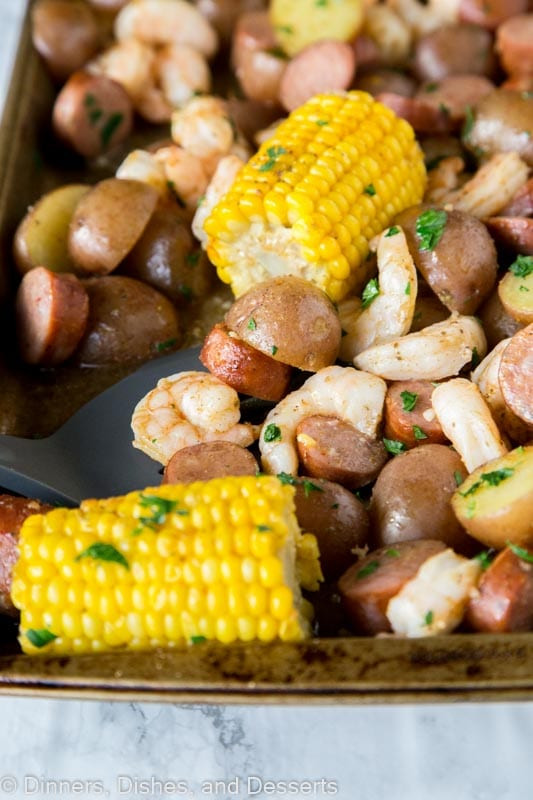 Shrimp Potatoes Corn Sausage Boil
 Sheet Pan Shrimp Boil Dinners Dishes and Desserts