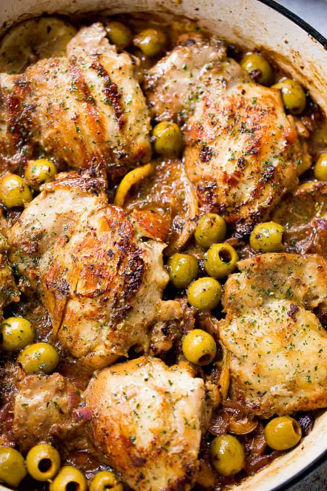 Skillet Chicken Thighs
 Saucy Skillet Chicken with Lemons & Olives