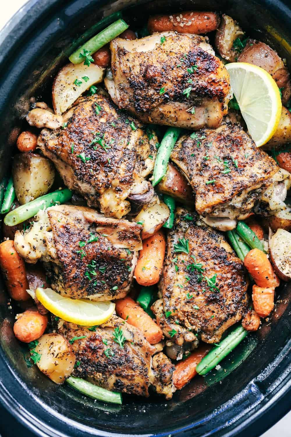 Slow Cook Chicken Thighs
 Slow Cooker Lemon Garlic Chicken Thighs and Veggies