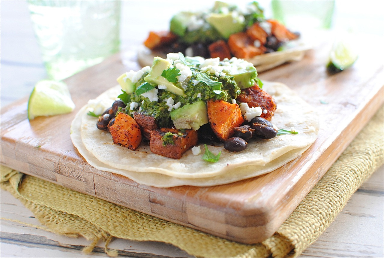 Sweet Potato And Black Bean Tacos
 Black Bean and Sweet Potato Tacos with Swiss Chard Pesto