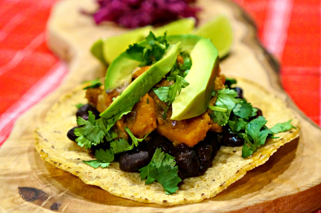 Sweet Potato Black Bean Tacos
 Black Bean and Sweet Potato Tacos w Red Cabbage Slaw My