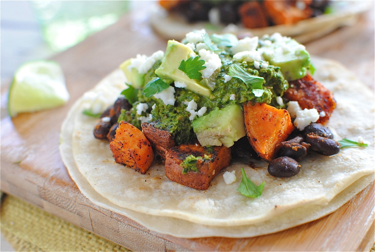 Sweet Potato Black Bean Tacos
 Black Bean and Sweet Potato Tacos with Swiss Chard Pesto