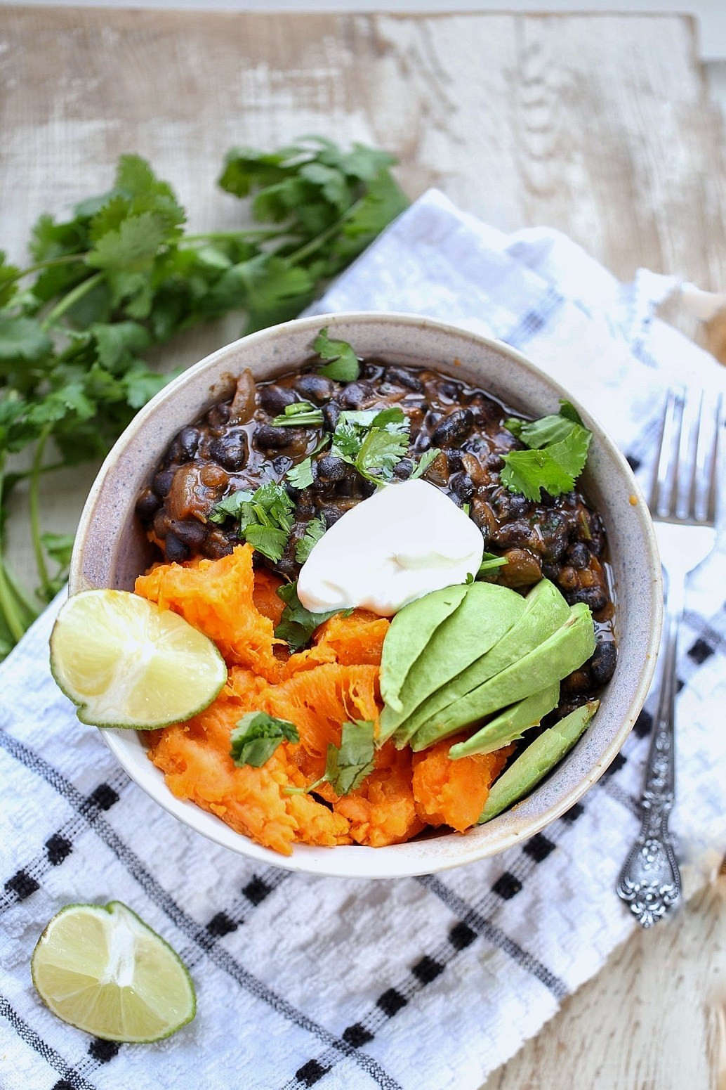 Sweet Potato Bowl
 Cuban Black beans and baked sweet potato bowl