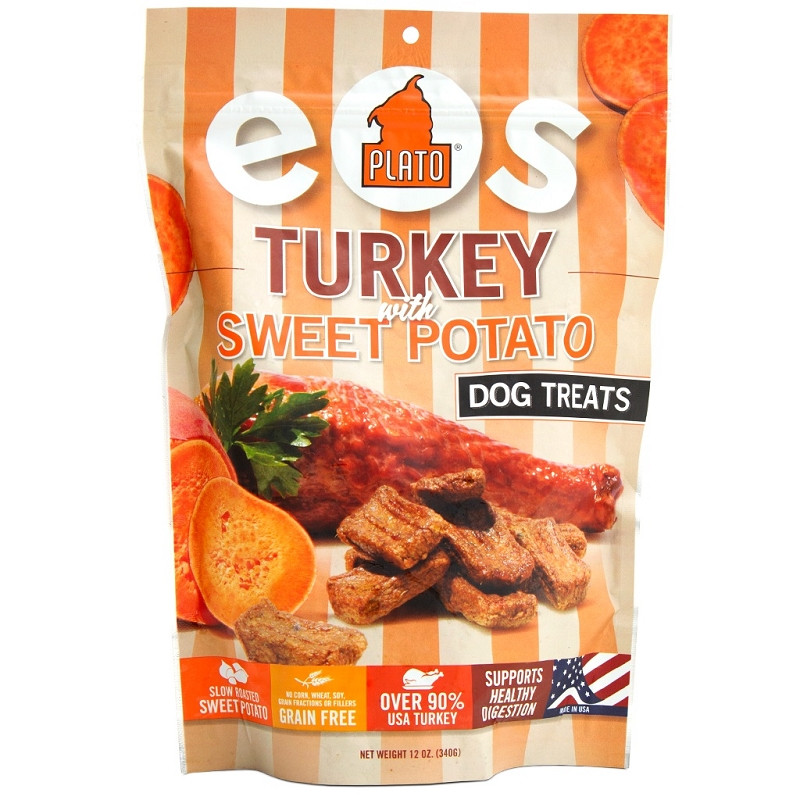 Sweet Potato Dog Treats
 Plato EOS Turkey with Sweet Potato Dog Treats 12 oz Bag