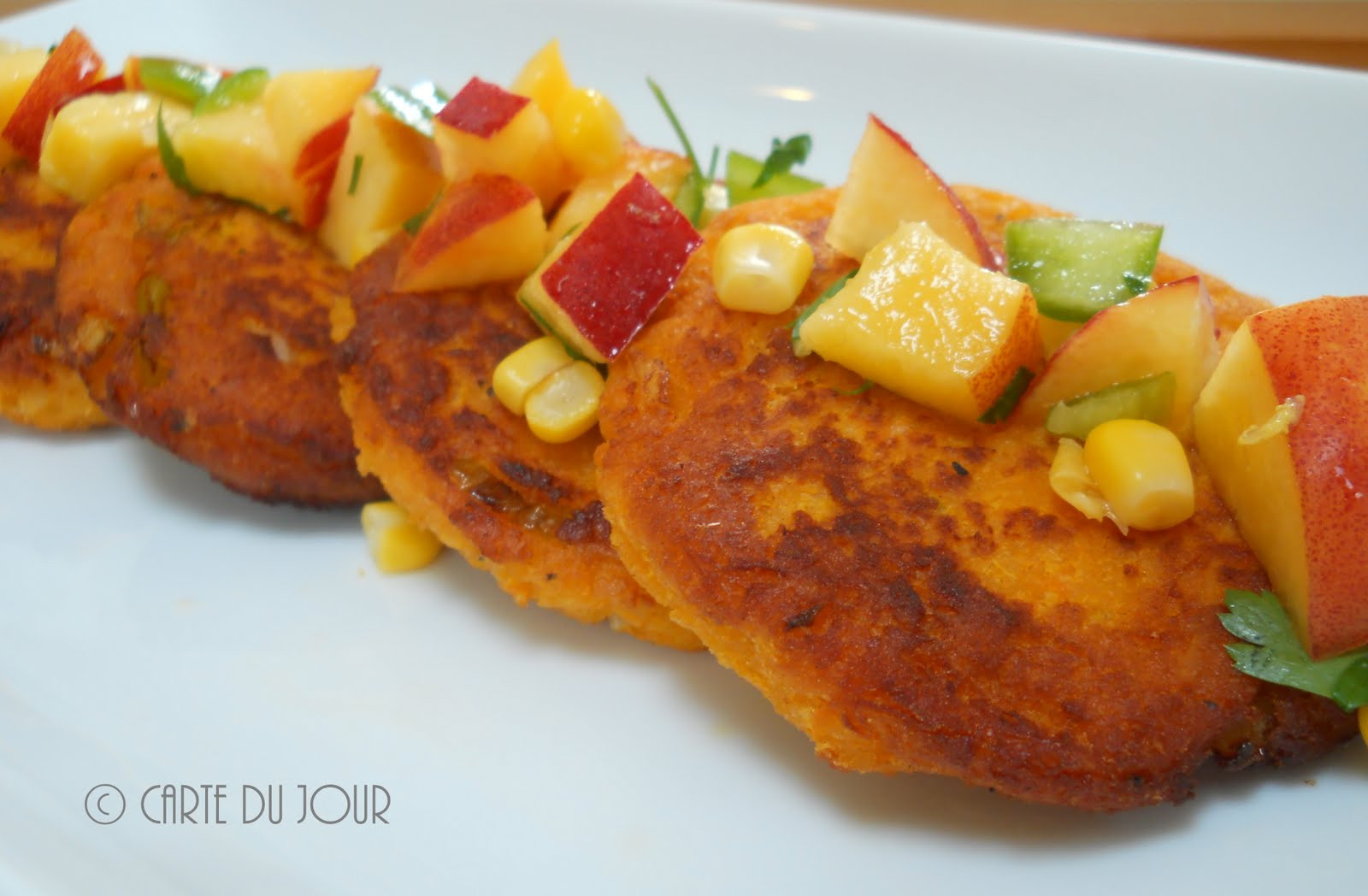 Sweet Potato Fritters
 Carte du jour Sweet Potato Fritters with Peach Salsa