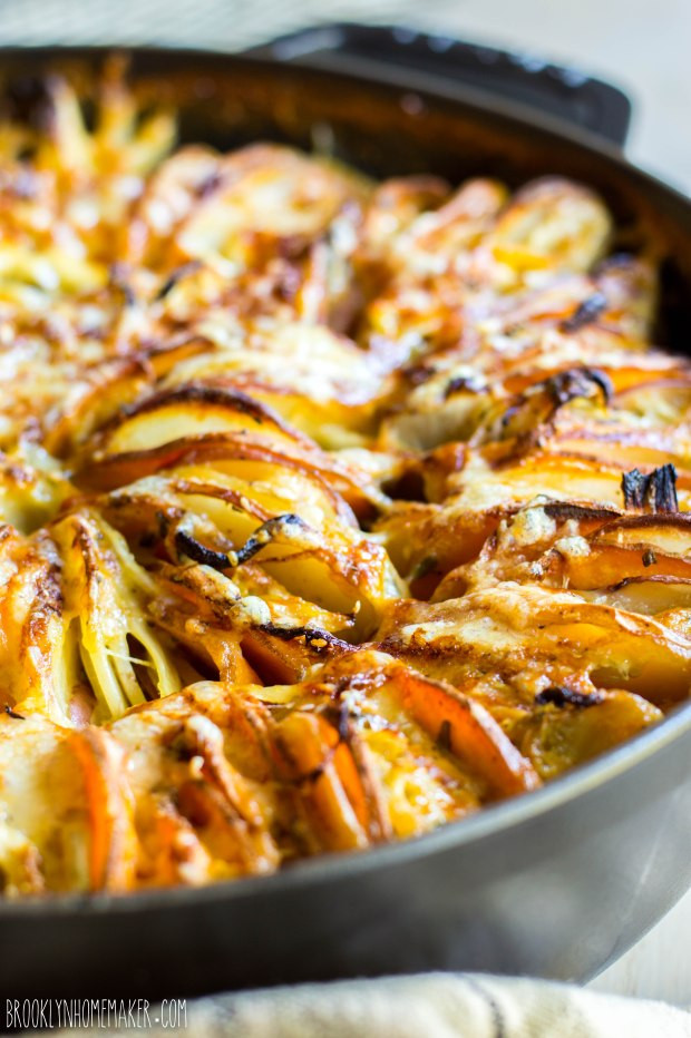 Sweet Potato Gratin
 red white & sweet potato gratin with fennel & sage