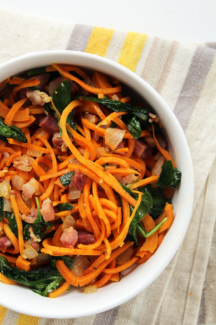 Sweet Potato Noodles
 Garlic Sweet Potato Noodles with Pancetta and Baby Spinach