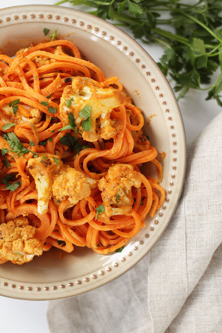 Sweet Potato Noodles
 Vegan Buffalo Cauliflower with Sweet Potato Noodles