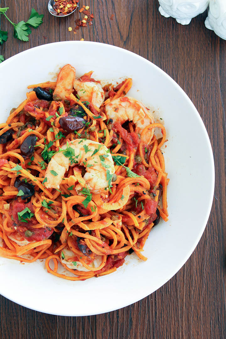 Sweet Potato Noodles
 Sweet Potato Noodle Shrimp Puttanesca — Inspiralized