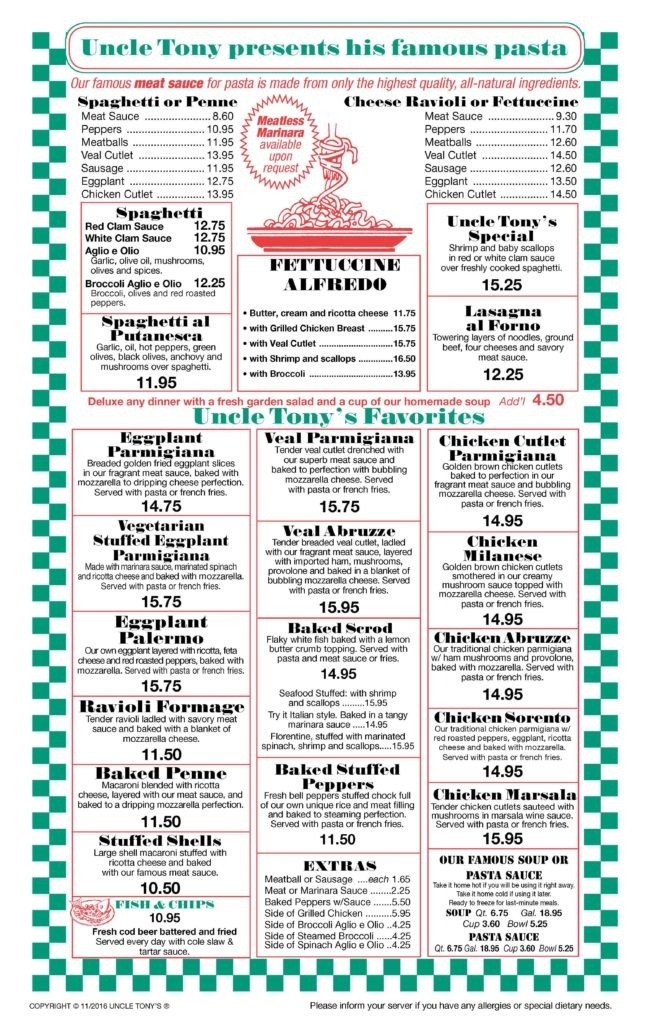 Tony'S Breakfast Pizza
 Uncle Tony s Menu