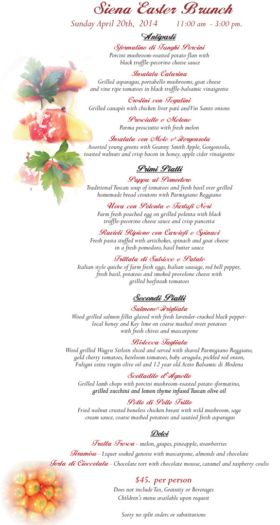 Traditional Easter Dinner Menu
 Chef Harvey’s ITALIAN EASTER MENU