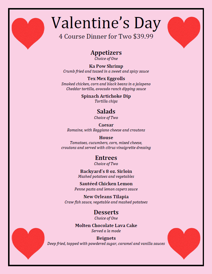 Valentines Dinner 2017
 Valentine s Day Dinner Backyard Grill Restaurant