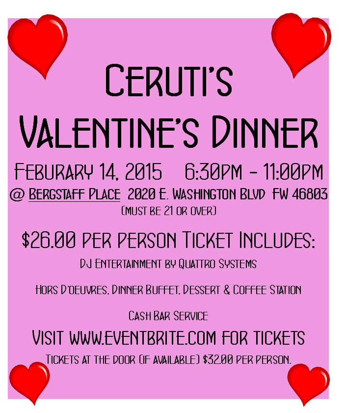 Valentines Dinner 2020
 CERUTI S VALENTINE DINNER Tickets Sat Feb 14 2015 at 6