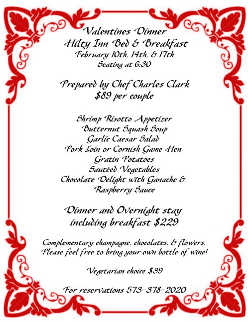 Valentines Dinner 2020
 Valentine’s Dinner at Hilty Inn Bed and Breakfast – Lake