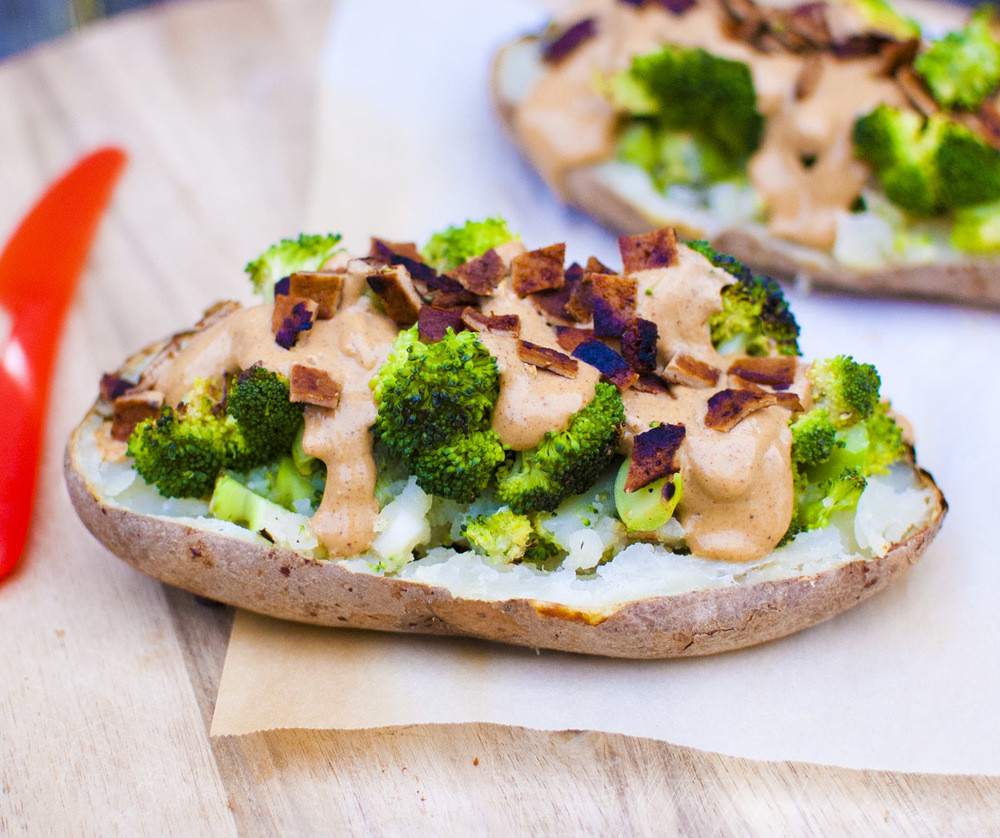 Vegan Baked Potato
 Vegan Cheese Broccoli and Tofu Bacon Stuffed Twice Baked