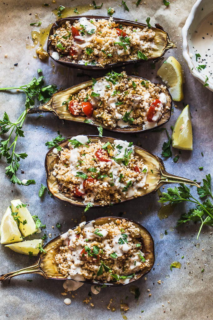 Vegetarian Stuffed Eggplant
 Couscous Stuffed Eggplant with Lemon Tahini Sauce