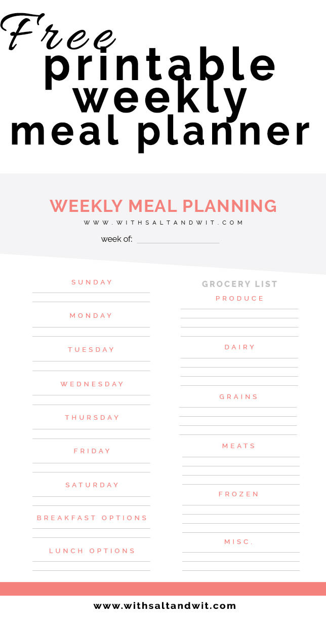 Weekly Dinner Planner
 Free Printable Weekly Meal Planner with Grocery List