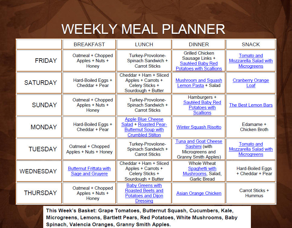 Weekly Dinner Planner
 Weekly Recipe Ideas and Meal Plan