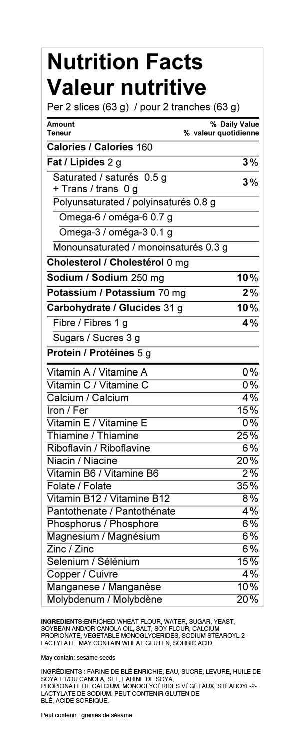 White Bread Nutrition Facts
 WONDER Bread