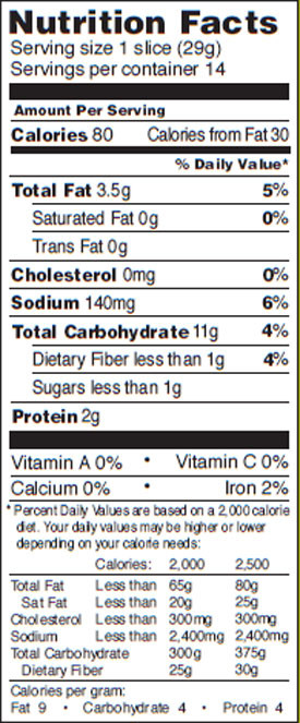 White Bread Nutrition Facts
 Glutino White Sandwich Bread Nutrition Information