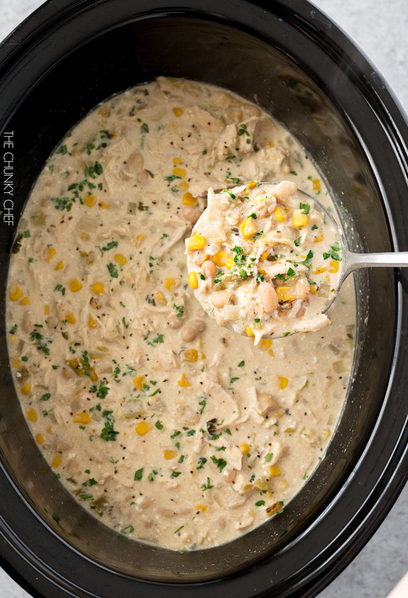 White Chicken Chili Recipe Slow Cooker
 Creamy Crockpot White Chicken Chili The Chunky Chef