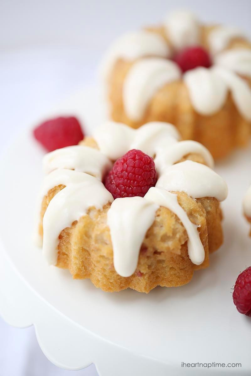 White Chocolate Raspberry Bundt Cake
 Mini raspberry bundt cakes with cream cheese glaze I