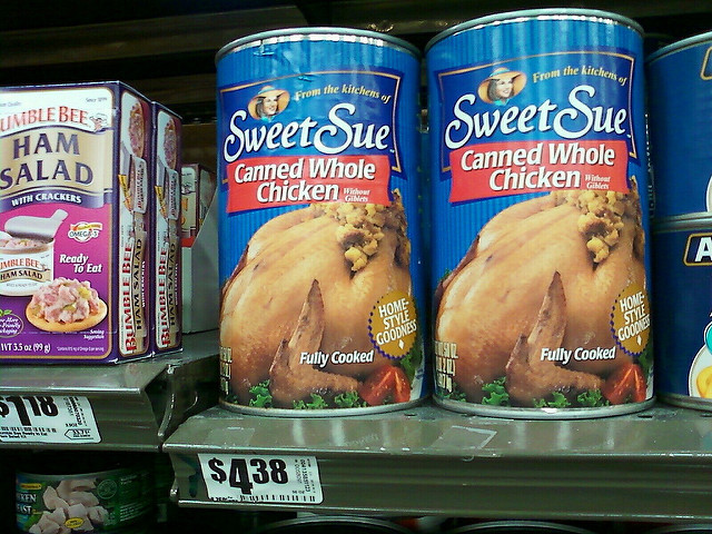 Whole Canned Chicken
 I found it whole chicken in a can