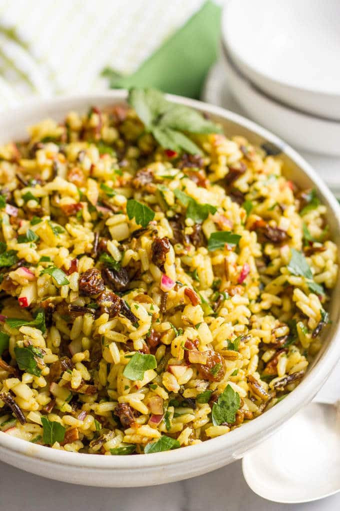 Wild Rice Salad
 Curried wild rice salad with raisins and pecans Family