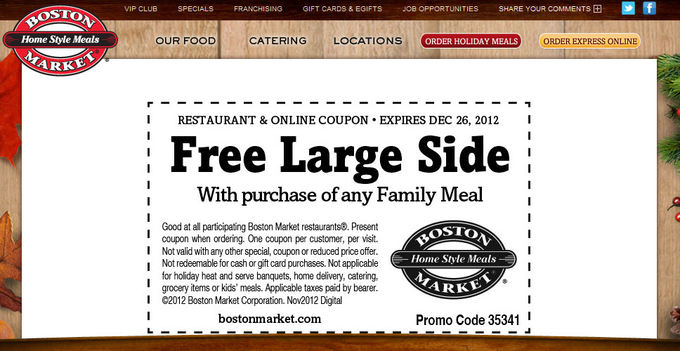 Boston Market Thanksgiving Dinner 2019
 Boston Market Coupons Free large side with your family