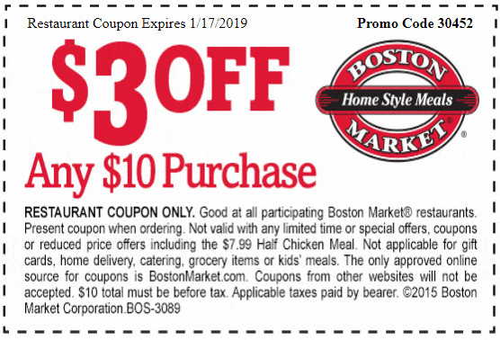 Boston Market Thanksgiving Dinner 2019
 $3 f Coupon – January 17 2019 – Save $3 off your meal