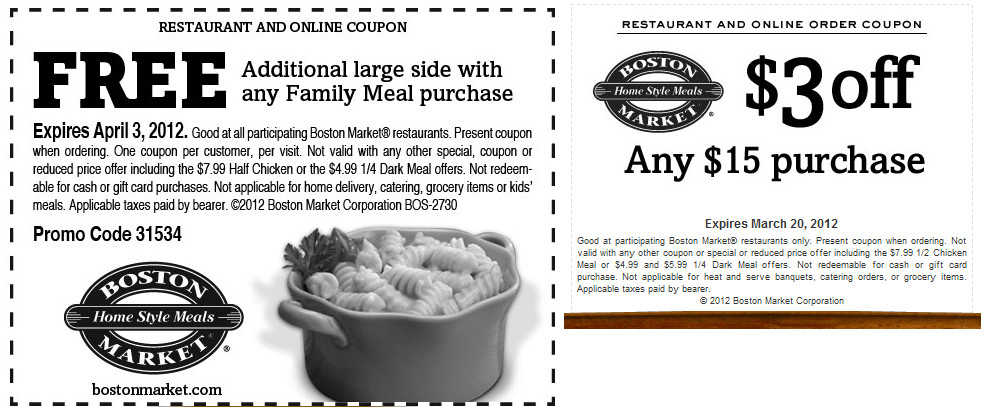 Boston Market Thanksgiving Dinner 2019
 Boston Market Coupons $3 off $15 or free large side with