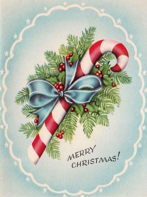Candy Cane Christmas Cards
 Vintage Christmas card with a candy cane and holly wrapped
