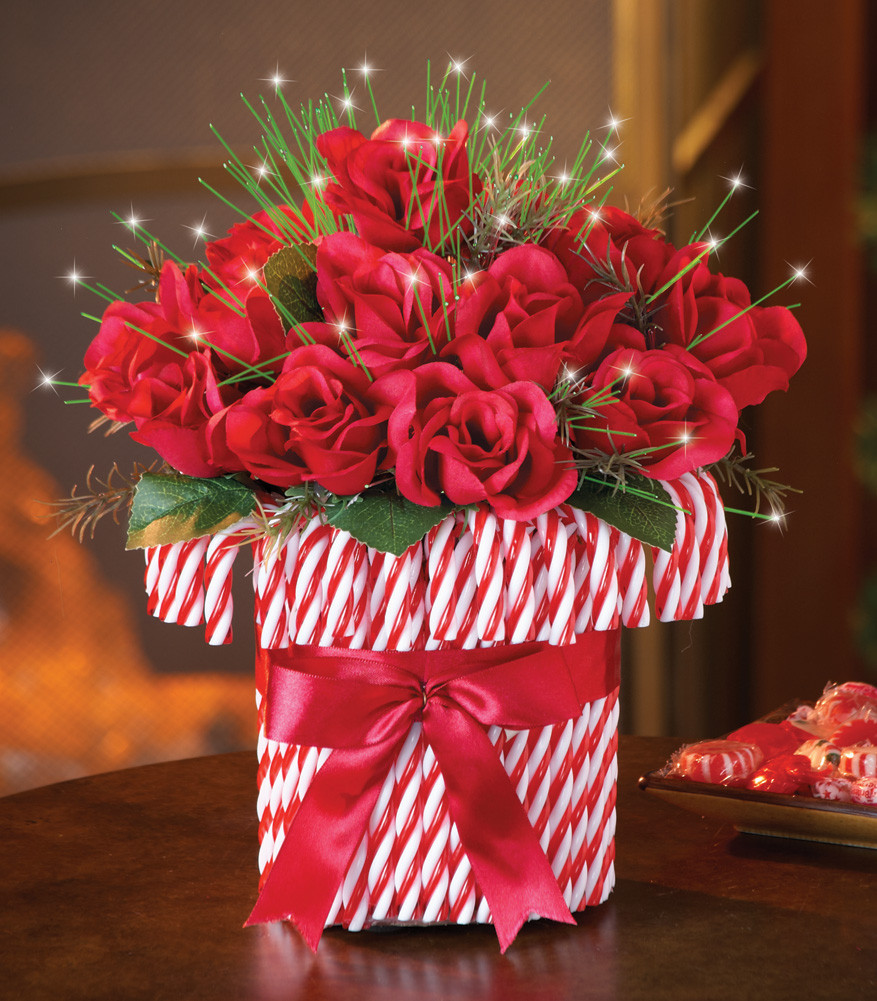Candy Cane Christmas Decorations
 Red Roses Bouquet in Red and White Candy Cane Vase