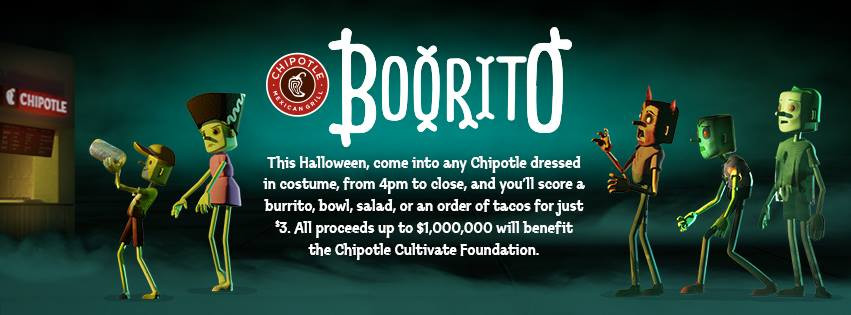 Chipotle 3 Dollar Burritos Halloween
 Chipotle Burrito Bowl Salad or Order of Tacos ly $3