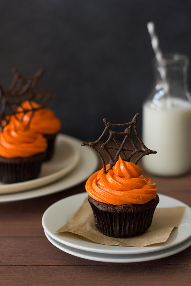 Chocolate Halloween Cupcakes
 Pumpkin Chocolate Spiderweb Cupcakes