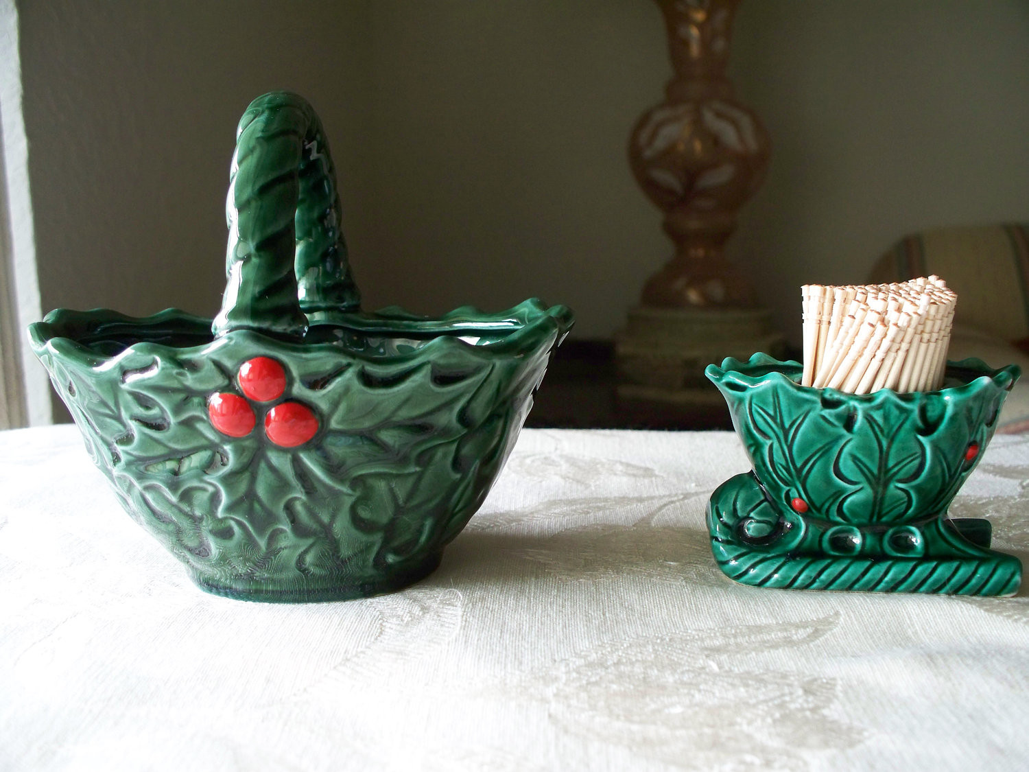 Christmas Candy Dishes
 Vintage Ceramic Christmas Holly Candy Dish by
