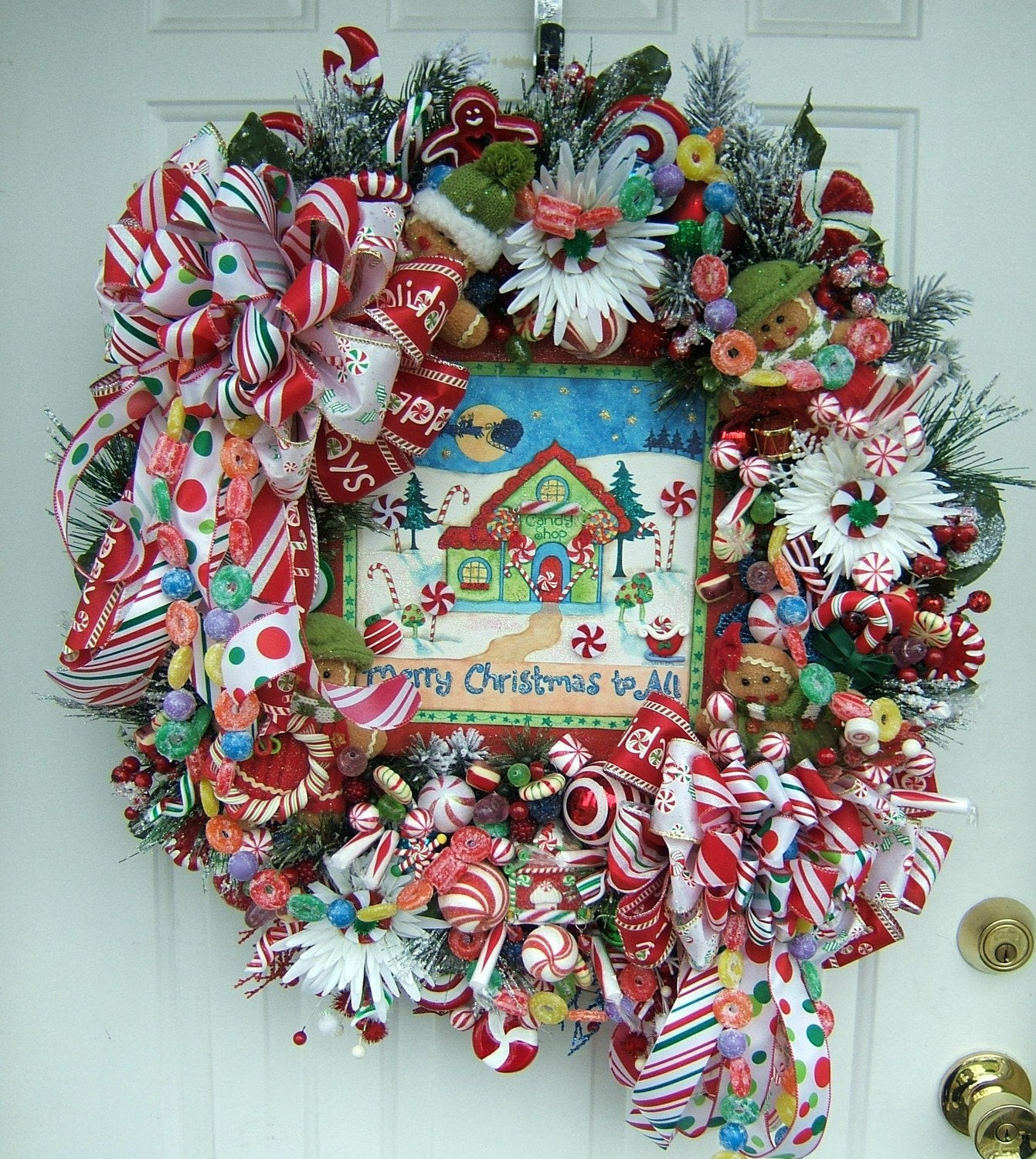 Christmas Candy Store
 Gingerbread Christmas candy shop door floral wreath