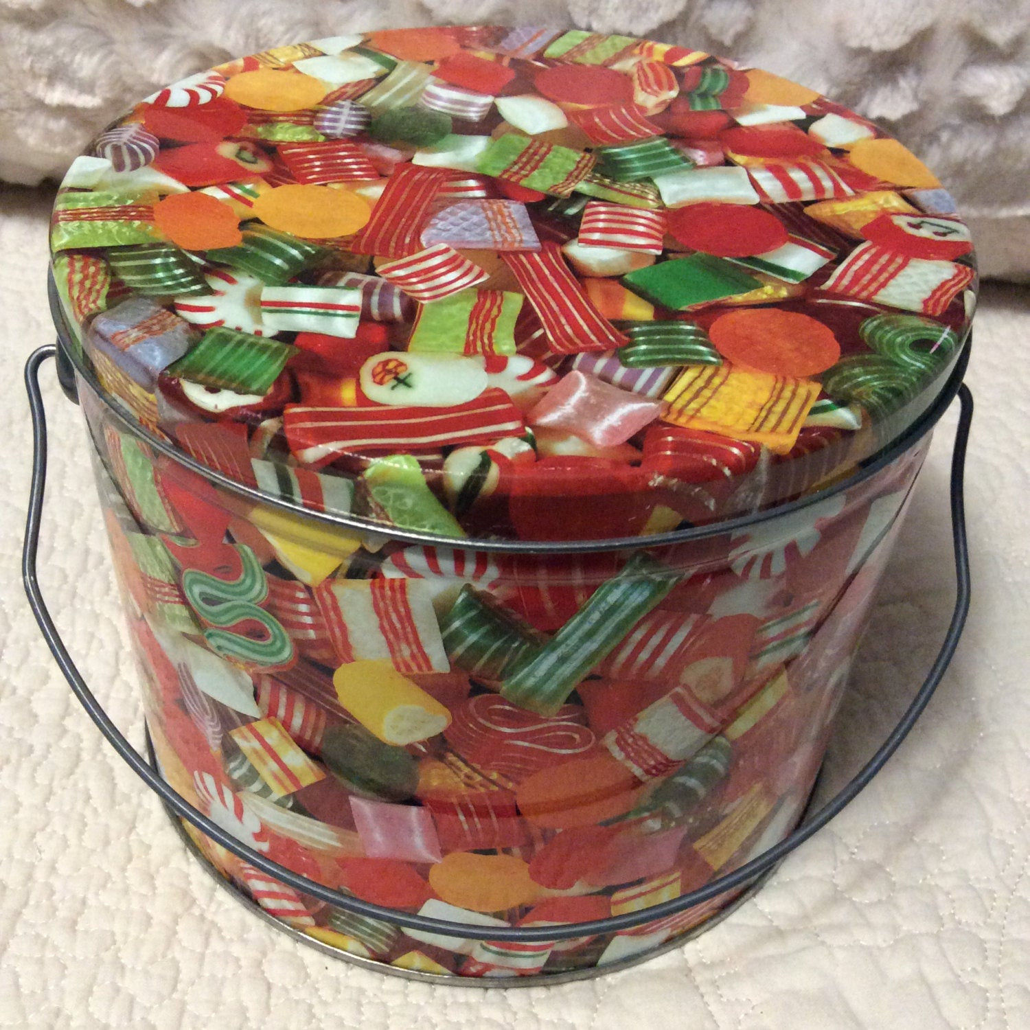 Christmas Candy Tins
 Vintage Hard Candy Christmas Tin Container Pail Handle Bucket