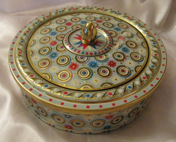 Christmas Cookies In Blue Tin
 Vintage Made in Belgium Round Christmas Cookie Tin Gold