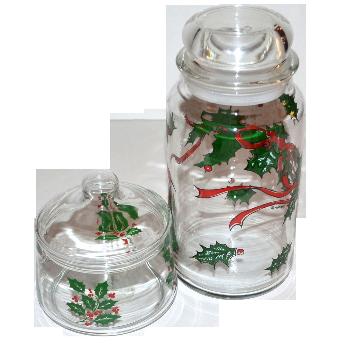 Christmas Glass Candy
 Set of 2 Christmas Holly Glass Candy Jars from