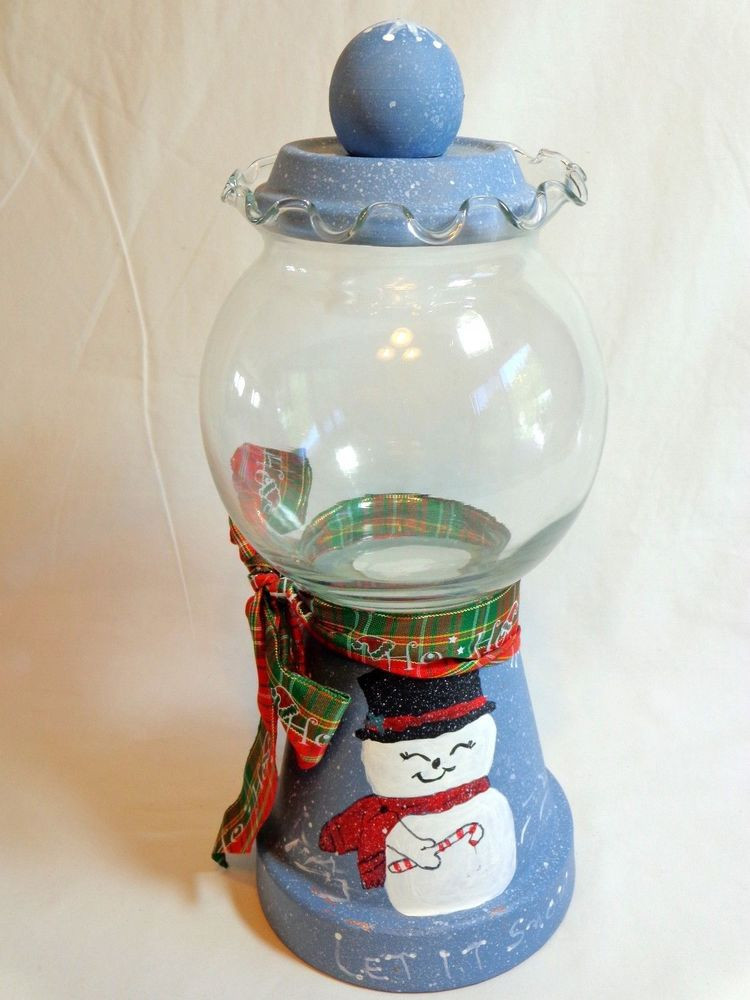Christmas Glass Candy
 Gumball Jar Christmas Snowman 11" Blue LET IT SNOW Stone