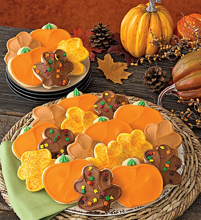 Fall Cut Out Cookies
 Buttercream Frosted Thanksgiving Leaf and Pumpkin Cut out