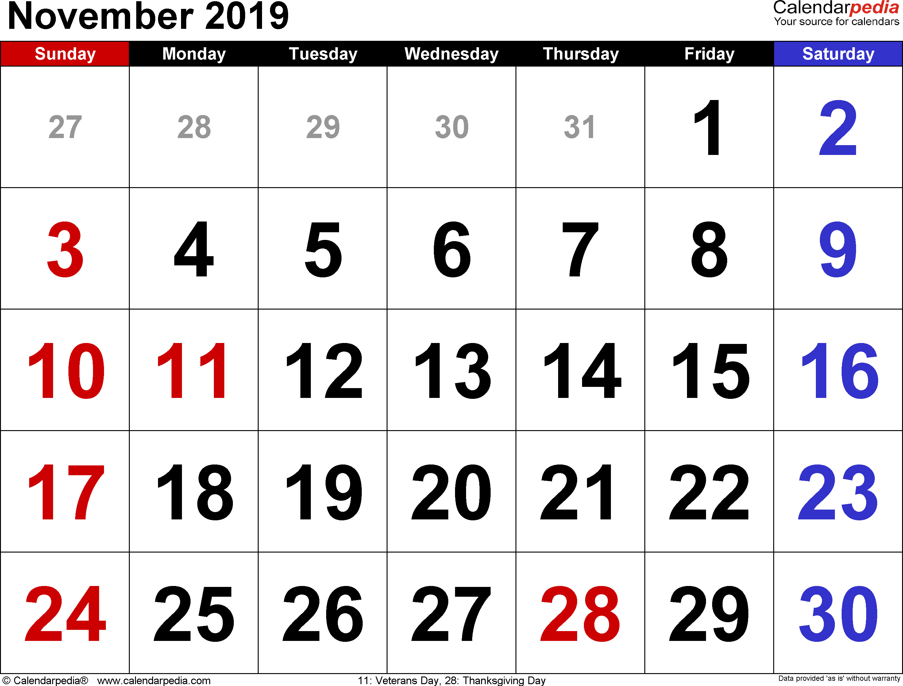 Free Turkey For Thanksgiving 2019
 November 2019 Calendars for Word Excel & PDF